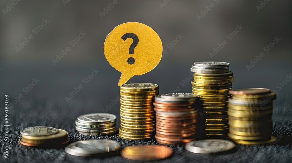Poster A close-up of a yellow speech bubble with a question mark resting on top of coin stacks. 