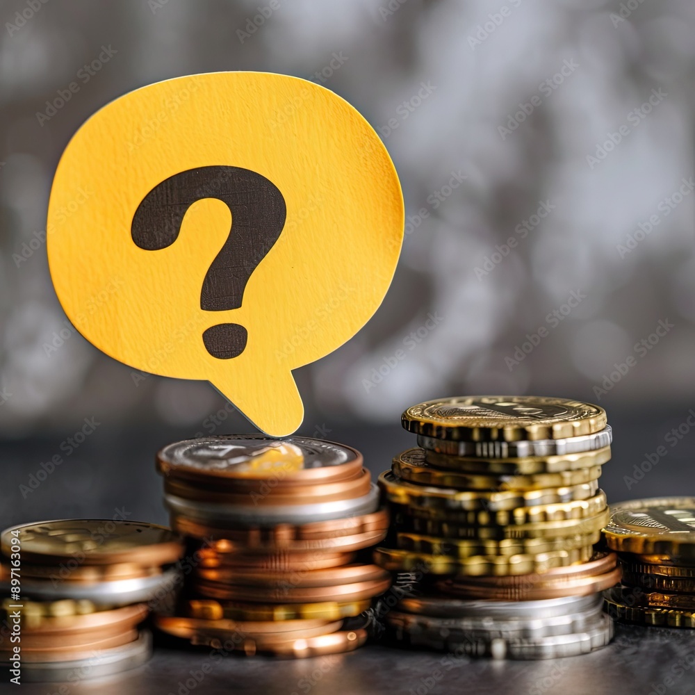 Poster A close-up of a yellow speech bubble with a question mark resting on top of coin stacks. 