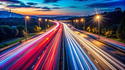 Vibrant streaks of light illuminate the dark highway as vehicles speed by, creating a mesmerizing display of movement and energy.