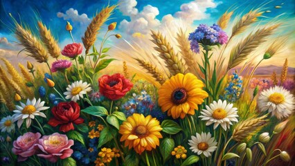 Vibrant oil paintings of blooming flowers, lush greenery, and golden wheat on canvas, showcasing modern artistry and refined brushwork.