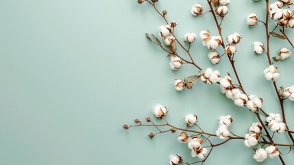 Floral arrangement in cotton flower corner frame on pastel green background