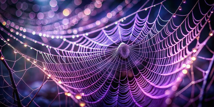 Delicate threads of intricate spider web shimmer in mesmerizing purple hues against a mysterious dark background, evoking a sense of eerie mystique.