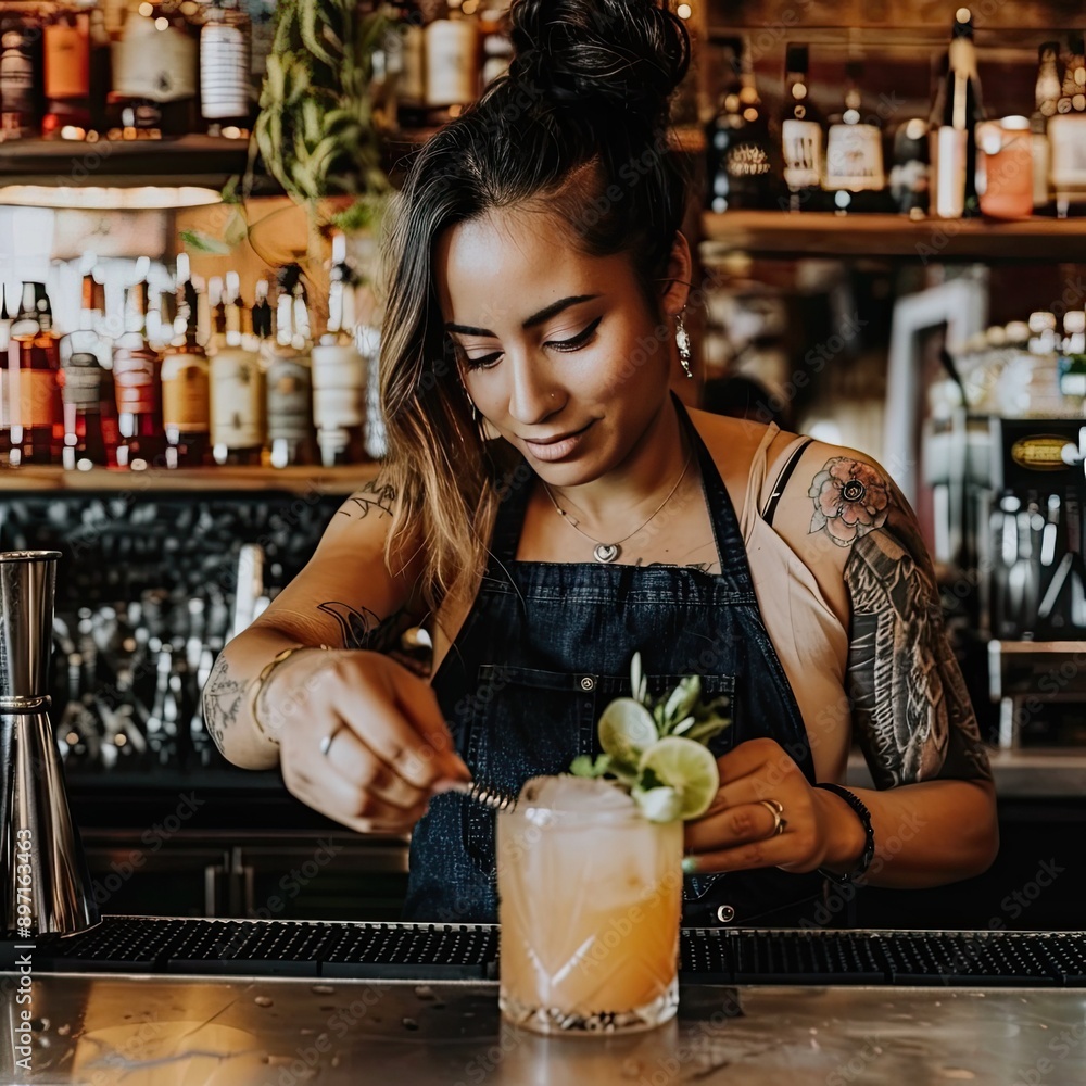 Poster A bartender adding a garnish to a freshly mixed drink on the counter. 