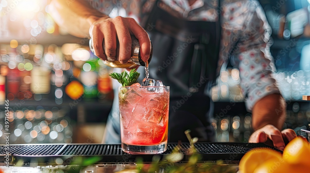 Poster A bartender adding a garnish to a freshly mixed drink on the counter.