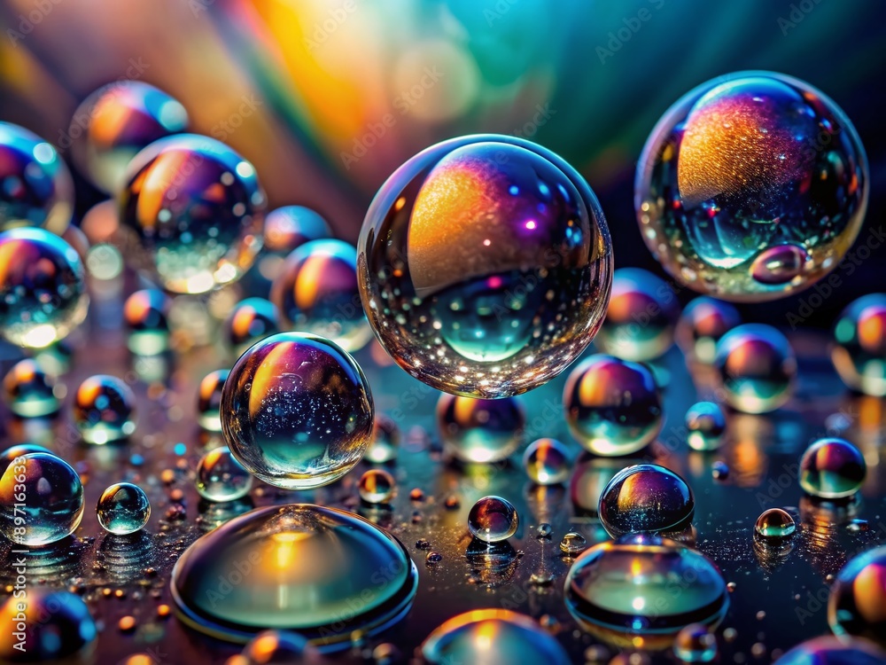 Poster macro view of various translucent water droplets on a dark background, showcasing unique shapes, siz