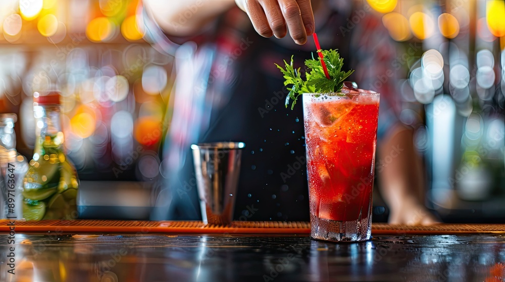 Aufkleber A bartender adding a garnish to a freshly mixed drink on the counter. 