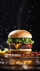 High-Speed Flying Food Photography: Dynamic Burger Splashes with Toppings and Ketchup