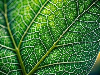 Intricate network of veins in a fresh green leaf, showcasing nature's beauty with delicate patterns and branching structures, set against a soft, blurred background.