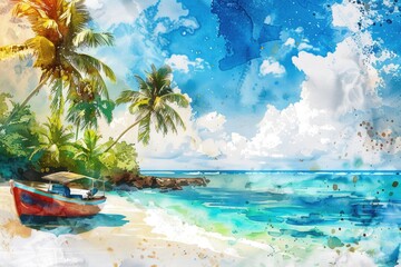 A watercolor painting of a single boat on a sandy beach, with calm waters and clear sky