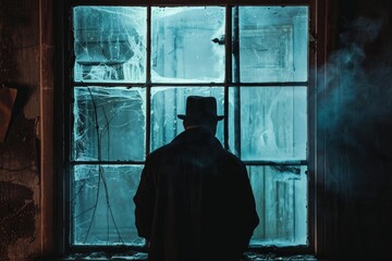 Silhouette of a detective standing in a dark room, looking through a cobweb covered window