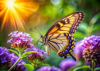 Fototapeta premium Delicate butterfly with intricate wings perched on vibrant purple flower, sipping nectar, surrounded by lush green leaves and soft, warm natural light.