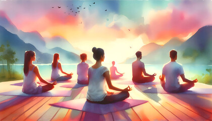 A water color painting of some men and women sitting by the lake, in a peaceful atmosphere, doing yoga and meditation