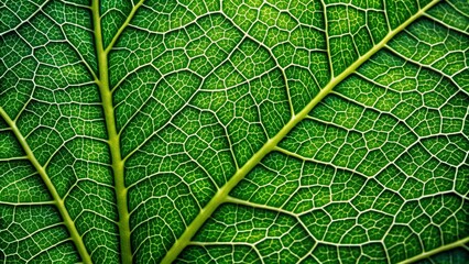 Fototapeta premium Vibrant green leaf's intricate texture revealed in stunning macro detail, showcasing delicate veins, cells, and microscopic patterns against a soft, natural background.