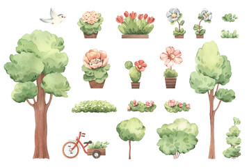 Cute garden set for baby design, isolated watercolor collection hand drawn trees, bushes, flowers in pots, trolley and bird.