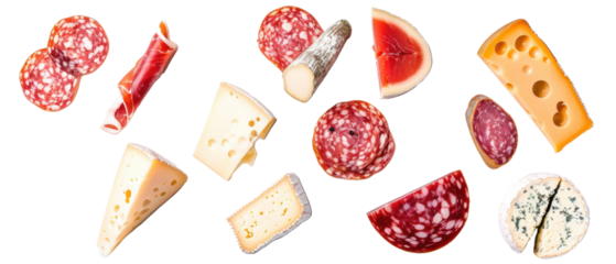 Set of isolated gourmet cheeses and cold cuts, themed designs. Top view high quality PNG." design elements, top view / flat lay.
