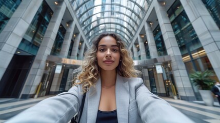Fototapeta premium Young professional woman taking a selfie in a modern and stylish office building with a glass atrium and contemporary architectural design featuring large windows