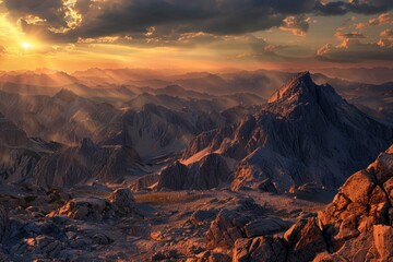 Naklejka premium A breathtaking sunset over a mountain range, perfect for nature and travel scenes