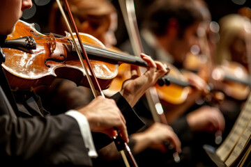 Violinists in an orchestra during a performance