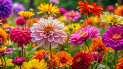 Vibrant flowers of various colors, including pink, yellow, orange, and purple, bloom in a lush garden, isolated on a transparent background with delicate petals.
