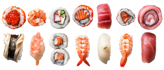 Set of isolated Set of isolated, various types of sushi and sashimi, themed designs. Top view high quality PNG." design elements, top view / flat lay.