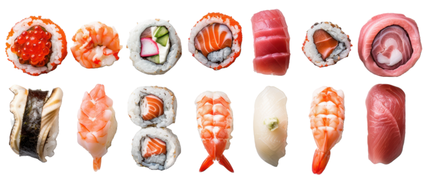 Set of isolated Set of isolated, various types of sushi and sashimi, themed designs. Top view high quality PNG." design elements, top view / flat lay. - Powered by Adobe