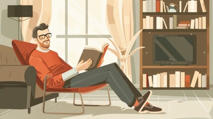 Serene Man Relaxing with Book in Cozy Living Room
