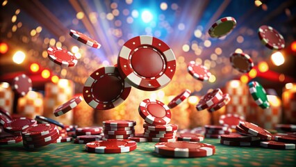 Vibrant red poker chips suspended mid-air above a cluttered casino gaming table, exuding high-stakes energy and intense gambling anticipation.