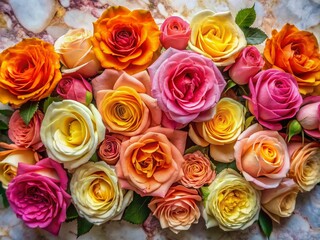 Naklejka premium Vibrant roses in shades of pink, yellow, and orange bloom against a luxurious marble background, showcasing lush texture and delicate petals in stunning contrast.