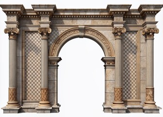 Intricate ancient Roman-inspired entrance design with ornate arch pillars and subtle stone textures on a transparent background, perfect for architectural overlays.