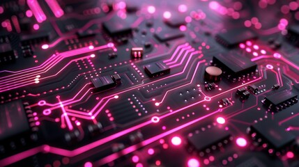 Obraz premium AI-driven network map, dark slate grey backdrop, radiant pink circuits, pulsating nodes, sophisticated and high-tech.