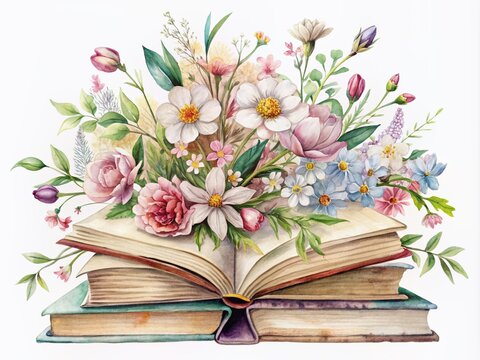 Delicate watercolor illustration of blooming spring flowers intertwined with open books on a crisp white background, evoking a sense of learning and natural beauty.