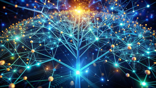 Complex network of interconnected nodes and branches visualizing machine learning decision tree algorithm in futuristic digital background.