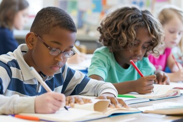 Studious Students Engaged in Writing Essays in a Language Arts Classroom