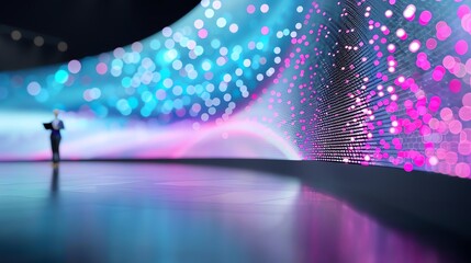 Keynote Speaker  An illuminated stage with a keynote speaker presenting