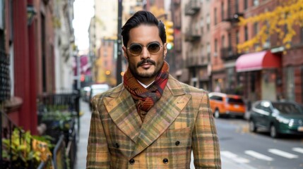 Fototapeta premium Stylish Man in Plaid Coat Walking in City During Autumn