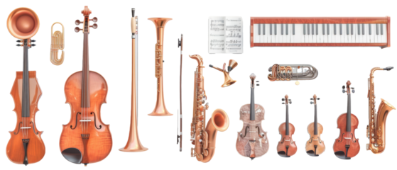 Set of isolated different types of musical instruments and sheet music. cut elements, themed designs. Top view high quality PNG." design elements, top view / flat lay.	
