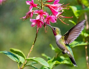 Fototapeta premium hummingbird bird with pink flower. hummingbirds Fiery-throated Hummingbird, flying next to beautiful bloom flower