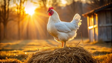 Fototapeta premium Fluffy white chicken stands proudly on a heap of dry golden hay in a rustic farm setting early morning light.