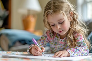 Young Child Engaged in Homeschool Handwriting Lesson, Practicing Cursive Writing Skills with Dedication