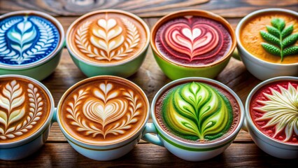 Vibrant coffee cups with elaborate latte art designs featuring leaves, hearts, and geometric patterns in meticulously crafted frothy milk creations.