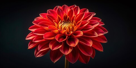 Vibrant red dahlia flower with delicate petals and golden center floats against a dark black background, showcasing its natural beauty in stunning isolation.