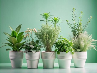 Fototapeta premium Delicate elegant plants with lush greenery and subtle blooms sit in pristine white ceramic pots against a soft calming pastel mint green backdrop.