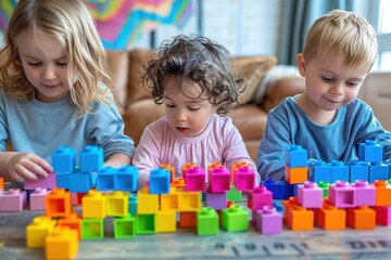 Fototapeta premium Engaging Homeschool Math Activity: Kids Exploring Concepts with Vibrant Blocks