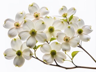 Fototapeta premium Delicate white flowering dogwood blossoms bloom on a curved branch isolated against a pure white background, showcasing nature's beauty with intricate details.