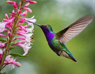 Hummingbird Violet Sabrewing flying next to beautiful pink flower