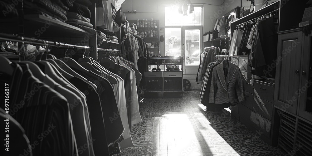 Wall mural a black and white photo of the interior of a clothing store, perfect for use in editorial or commerc