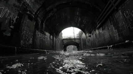 Naklejka premium An intriguing urban scene captures two overlapping brick archways with reflections on the water surface, highlighted by graffiti on the walls under dim light