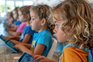 Modern Classroom Learning: Students Engaging with Tablets for Enhanced Education Experience