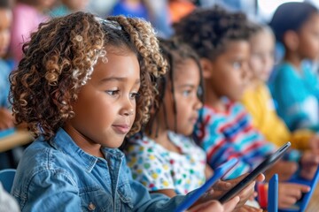 Digital Learning in Progress: Students Engaged with Tablets in a Modern Classroom Setting