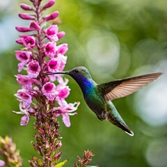 Obraz premium Hummingbird Violet Sabrewing flying next to beautiful pink flower